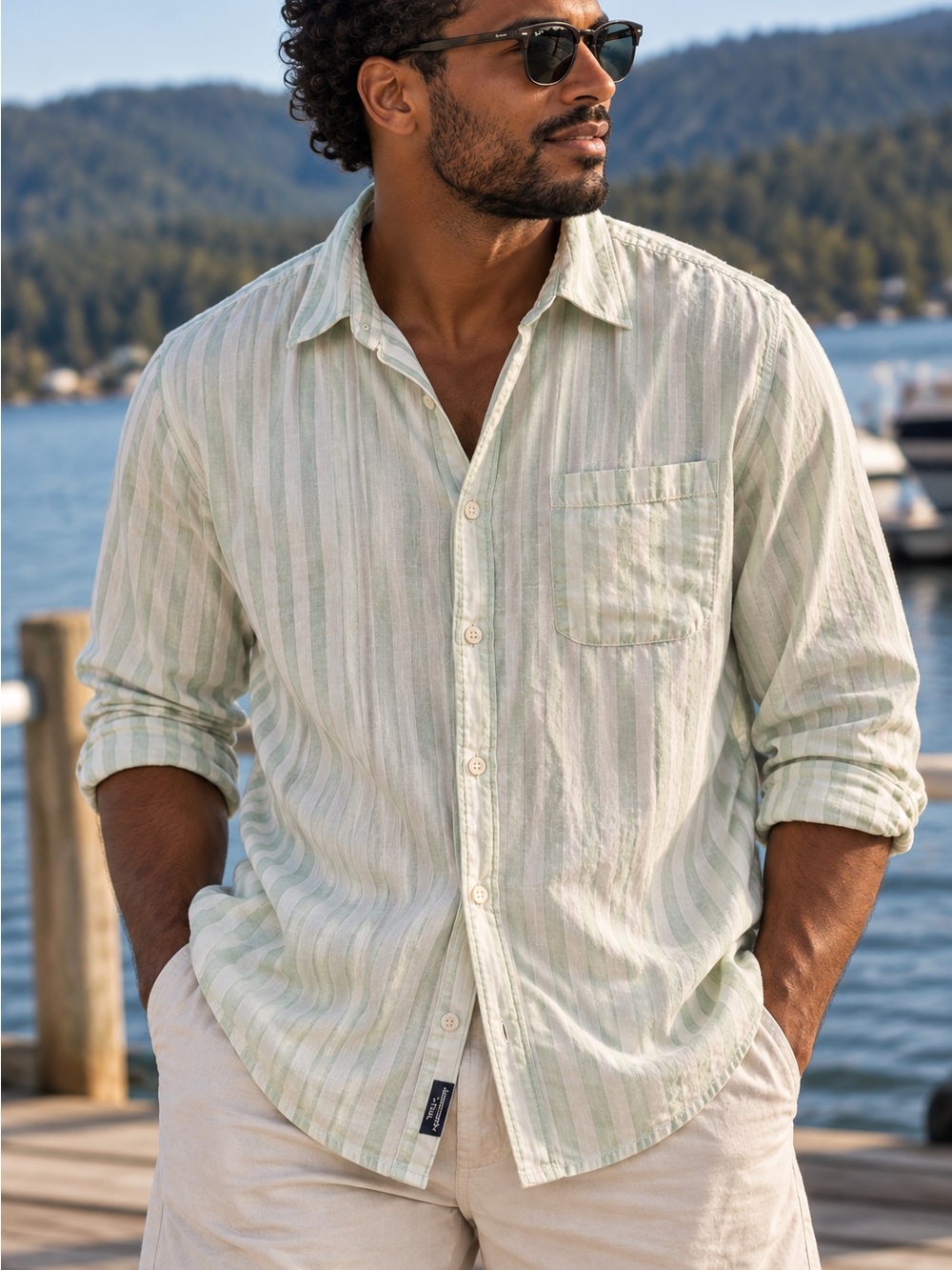 Abercrombie & Fitch Mens XXL Linen Striped Button Down Shirt  Green White